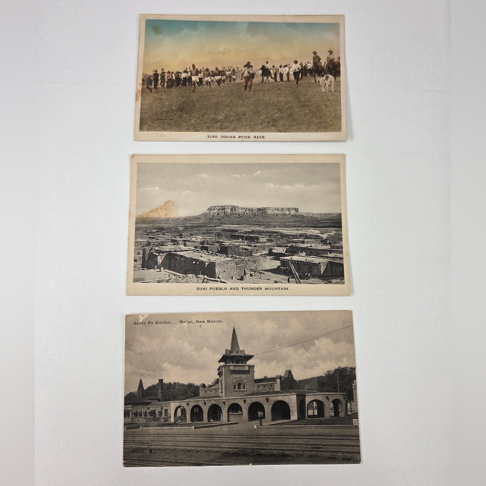 3 Antique 1905-15 New Mexico Photographic Postcards, BW & Handpainted, Zuni
